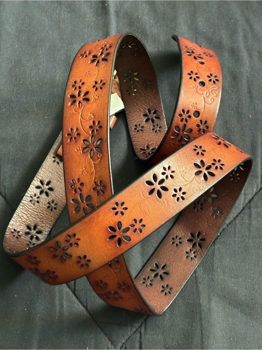 Women's Brown Floral Cutout Leather Belt - Stylish Floral Accent